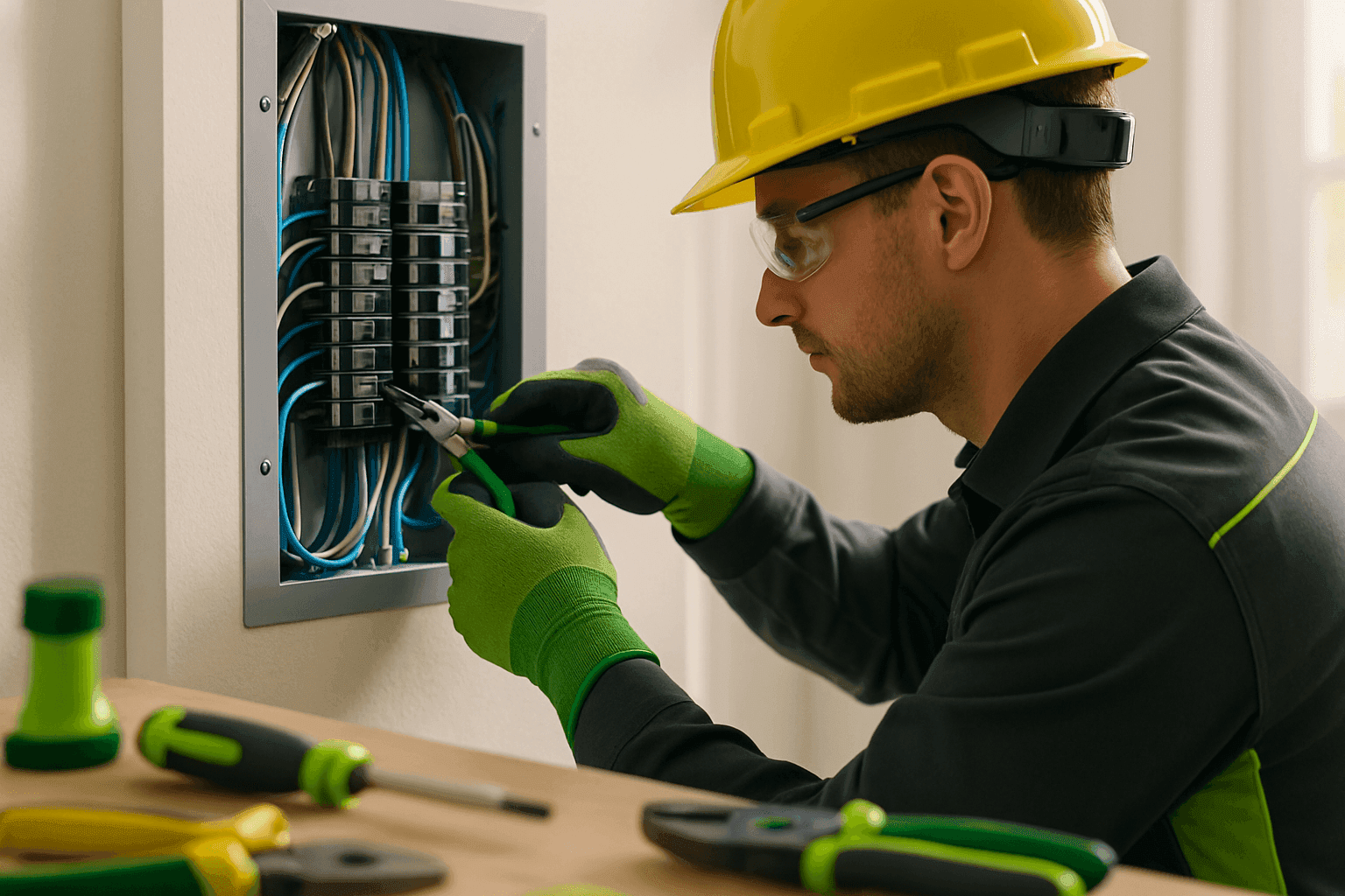 Electrician wearing safety gear wiring a residential electrical panel indoors